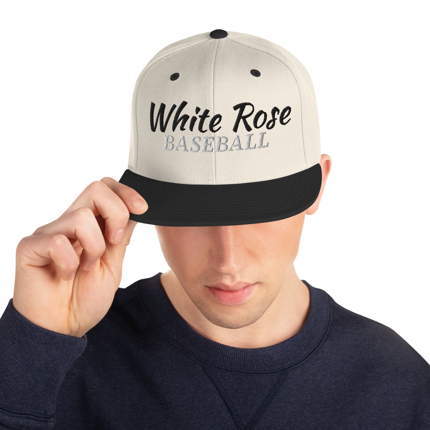 White Rose Text Snapback Hat